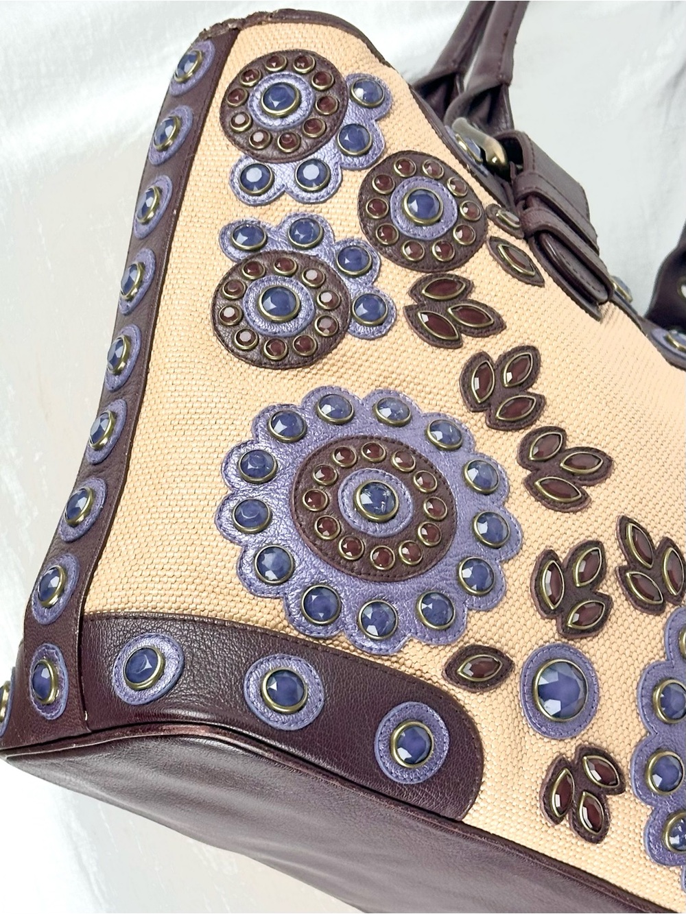 Isabella Fiore ‘Set in Stone’ Jeweled Tote Bag Tan and Brown Leather Trim - Picture 10 of 16